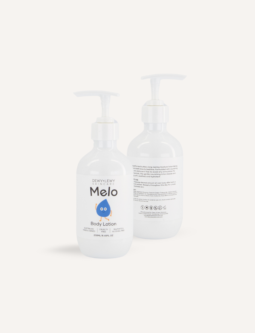 A teal box adorned with colorful shapes opened to reveal the Melo Self-Care Starter Kit by The Play Way, featuring body lotion, body wash, shampoo, conditioner, and detangling spray. Each item is packaged in a white bottle with various illustrations and labeled "Melo.