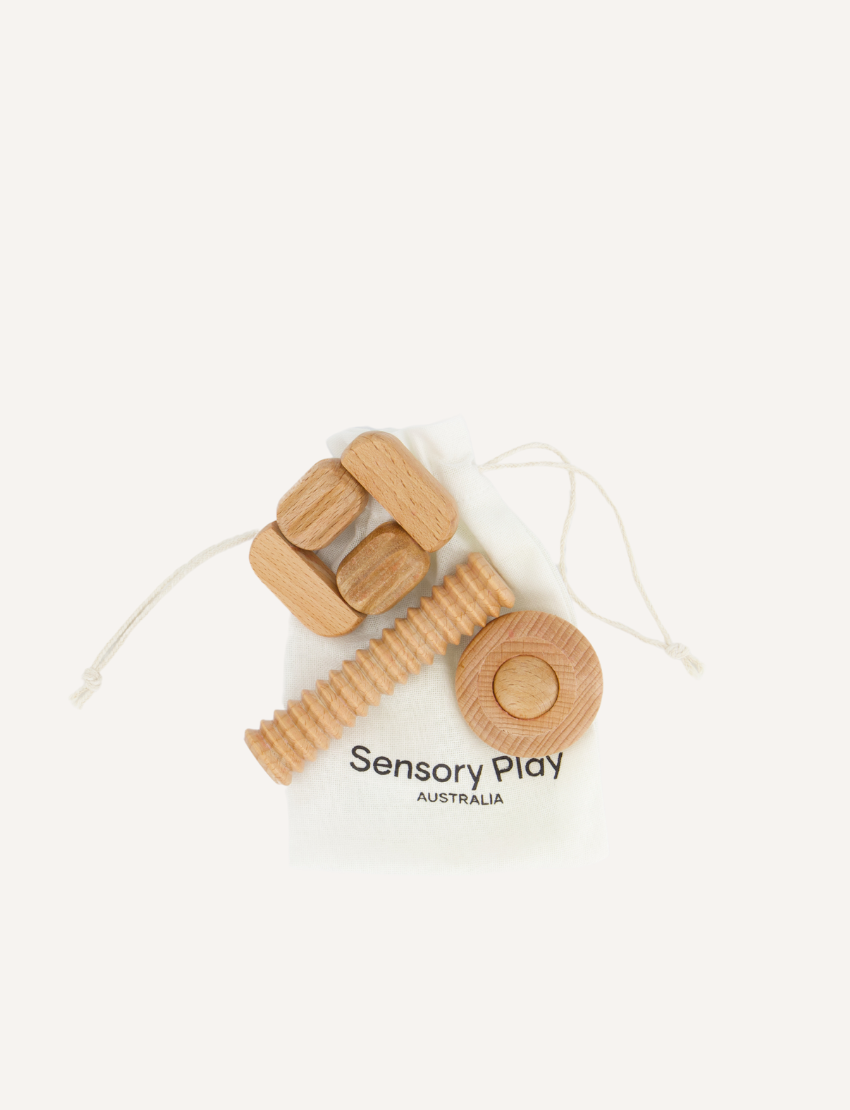 Sensory Play Australia's Wooden Fidgets in a bag, providing natural wood tactile input for children's focus and relaxation.