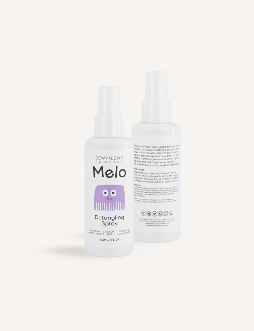 A teal box adorned with colorful shapes opened to reveal the Melo Self-Care Starter Kit by The Play Way, featuring body lotion, body wash, shampoo, conditioner, and detangling spray. Each item is packaged in a white bottle with various illustrations and labeled "Melo.