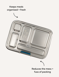 Introducing the Lunch Buddy Bento Set by The Play Way, a sleek rectangular stainless steel lunchbox with multiple compartments. The top right section is larger than the others, with 