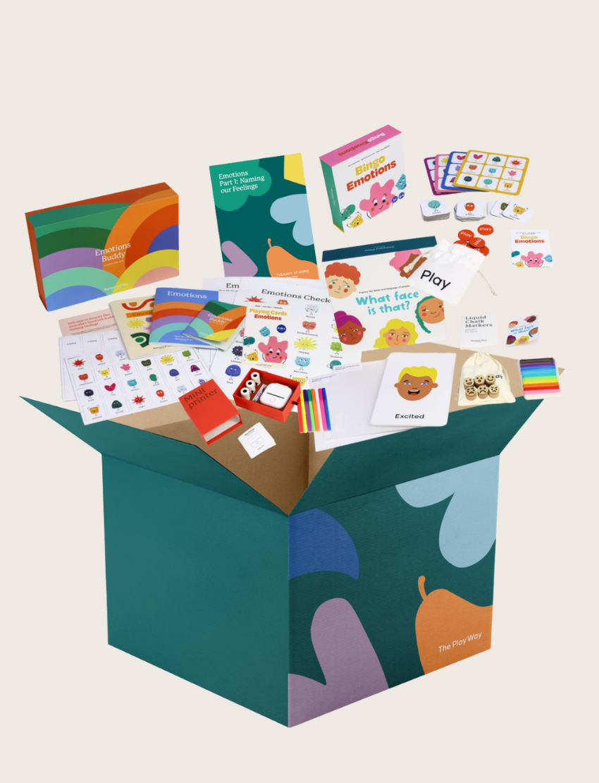 A young child with pigtails, looking surprised, holds a flashcard from The Play Way's "Emotions Part 1: Naming our Feelings Program," featuring a surprised face. She sits at a table with colorful polka-dot cards, and a background shelf displays toys and a globe.