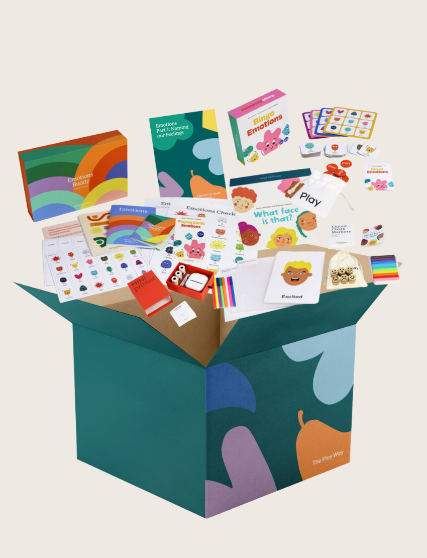 The Therapy At Home Emotions Part 1: Naming our Feelings Program comes in a teal and green box with colorful shapes, containing books, cards, charts, and activities to help children build emotional awareness and understand feelings.
