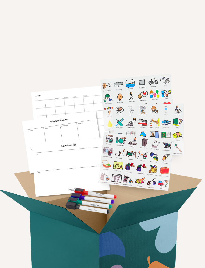 The Play Way's "Magnetic Planner Kit" comes in a teal box containing whiteboard markers, daily and weekly planner sheets, and illustrated stickers of various activities. Ideal for routine-building, the open box's contents are displayed against a plain background.