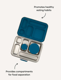 Introducing the Lunch Buddy Bento Set by The Play Way, a sleek rectangular stainless steel lunchbox with multiple compartments. The top right section is larger than the others, with 