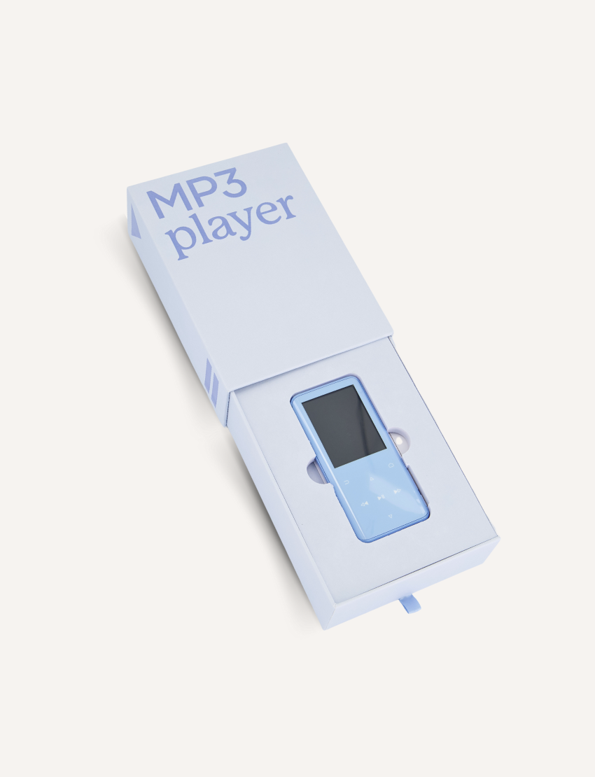 Sensory Play Australia Mindful MP3 Player in its light blue box, preloaded with calming tracks for children's self-regulation.