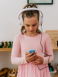 Two identical blue Sensory Play Mindful MP3 Players are displayed; one with the screen showing 