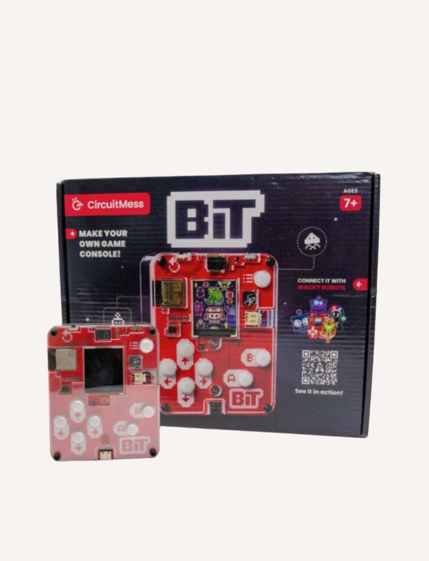 The STEM Adventure - Bit Game Console by CircuitMess is a compact handheld device with a transparent casing, showcasing red components. It includes a small screen, several white buttons, and the "8Bit" label.