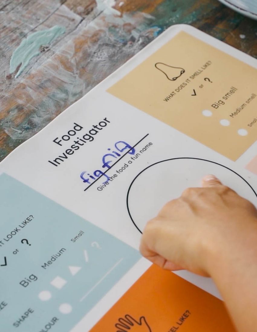 Discover The Play Way's "Food Investigator Placemat," an educational chart with four vibrant sections for exploring food: looks, smell, touch, and taste. Each section includes icons and labeled categories for sensory preferences, plus space to note your observations.