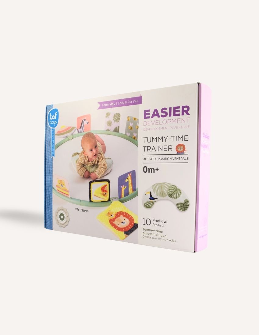 Box for The Play Way 'Easier Development Tummy-Time Trainer' with baby and animal illustrations.
