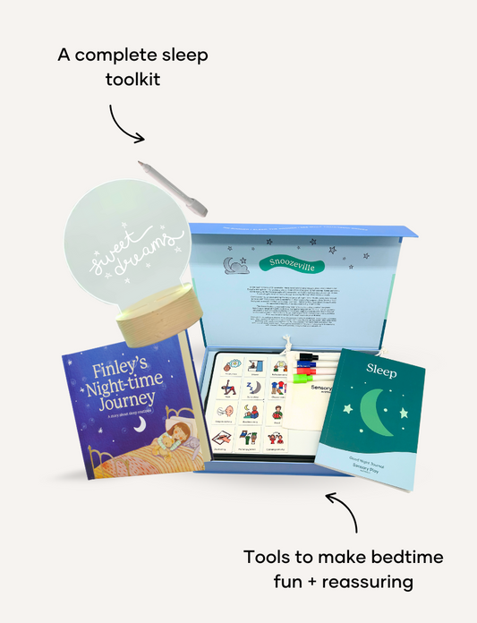 The Sleep Buddy by Sensory Play Australia is a delightful sleep-themed gift box featuring the children's book "Finley's Night-time Journey," a soothing bedtime routine board game, a comforting "Sweet Dreams" night light, and an informative booklet titled "Sleep." These items are elegantly organized in an open teal box to create the ideal sleep companion for your little one.