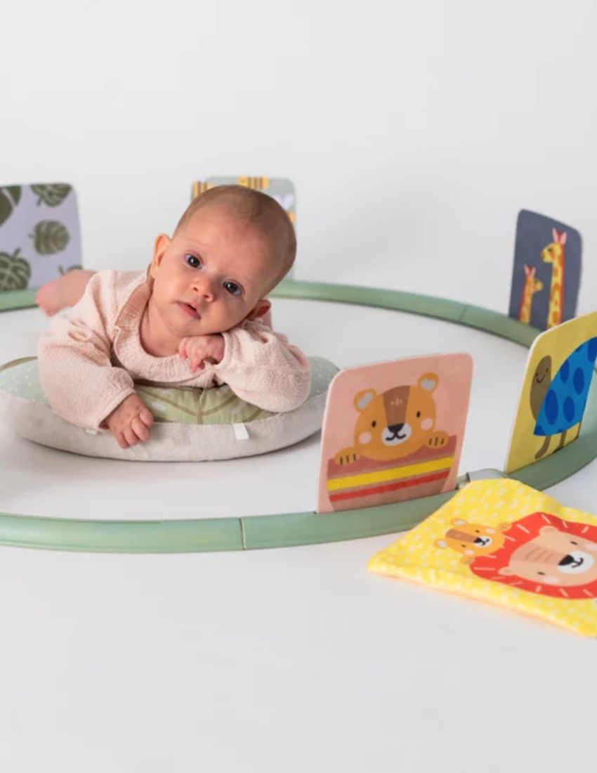 The image showcases the packaging of the "Tummy Time Trainer." The box is primarily white and purple, adorned with images of a baby using the product and featuring a baby-safe mirror. It states "Easier Development" and includes "10 Products" suitable for babies from 0 months old. The brand is TAF.