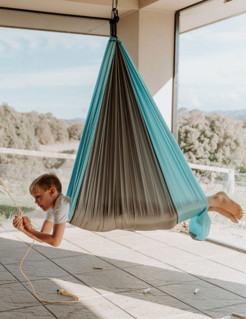 The Hammock Swing by The Play Way is shown in blue and gray, set up with black carabiners attached to straps. Below the hammock are two black straps, two additional carabiners, and a blue drawstring bag labeled "The Play Way," perfect for sensory processing and offering proprioceptive input.