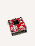 The STEM Adventure - Bit Game Console by CircuitMess is a compact handheld device with a transparent casing, showcasing red components. It includes a small screen, several white buttons, and the 