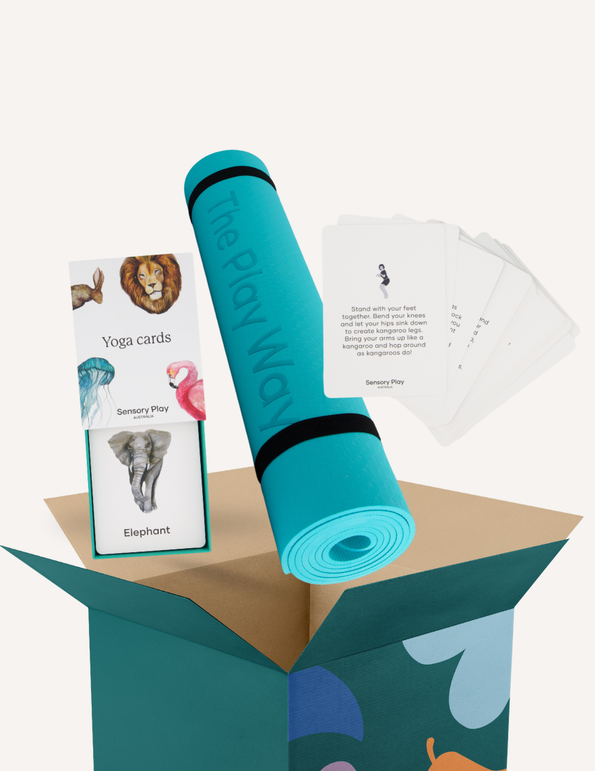 The Play Way Yoga Mat and Cards bundle, featuring a teal mat and therapist developed yoga cards with instructions, promoting mindfulness.