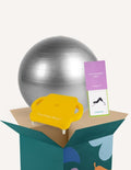 A green box is open, revealing a yellow scooter board, a silver exercise ball, and a set of purple and white 