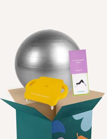 A green box is open, revealing a yellow scooter board, a silver exercise ball, and a set of purple and white "Inchworm" Core Strength Cards, all part of The Play Way's ultimate Core Strength Kit.