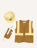 The Dress Up - Builder (3-6yrs) set by Fabelab includes a yellow construction-themed outfit for children, consisting of a vest with reflective stripes, a matching cap adorned with a triangular logo, and a small utility belt complete with a pouch, all displayed on a plain background.