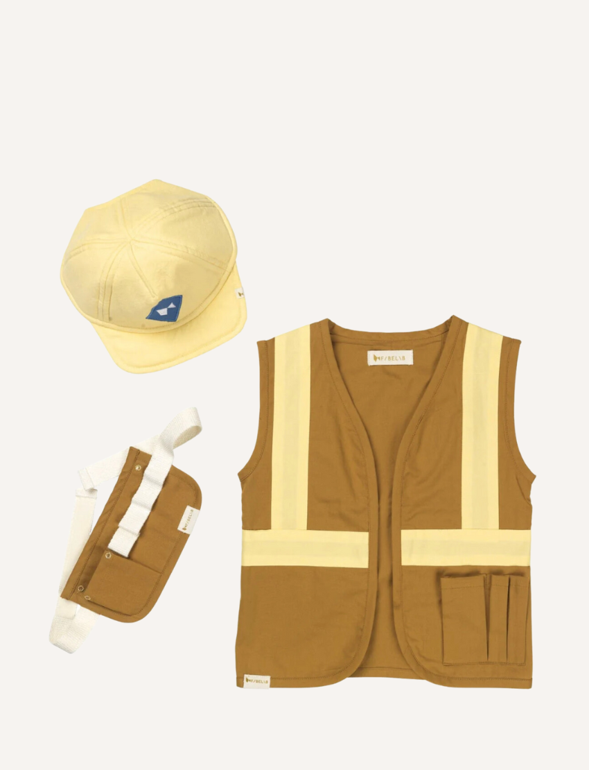 Children's construction worker costume: brown vest with yellow stripes, yellow cap, and tool belt.