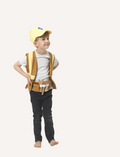 The Dress Up - Builder (3-6yrs) set by Fabelab includes a yellow construction-themed outfit for children, consisting of a vest with reflective stripes, a matching cap adorned with a triangular logo, and a small utility belt complete with a pouch, all displayed on a plain background.