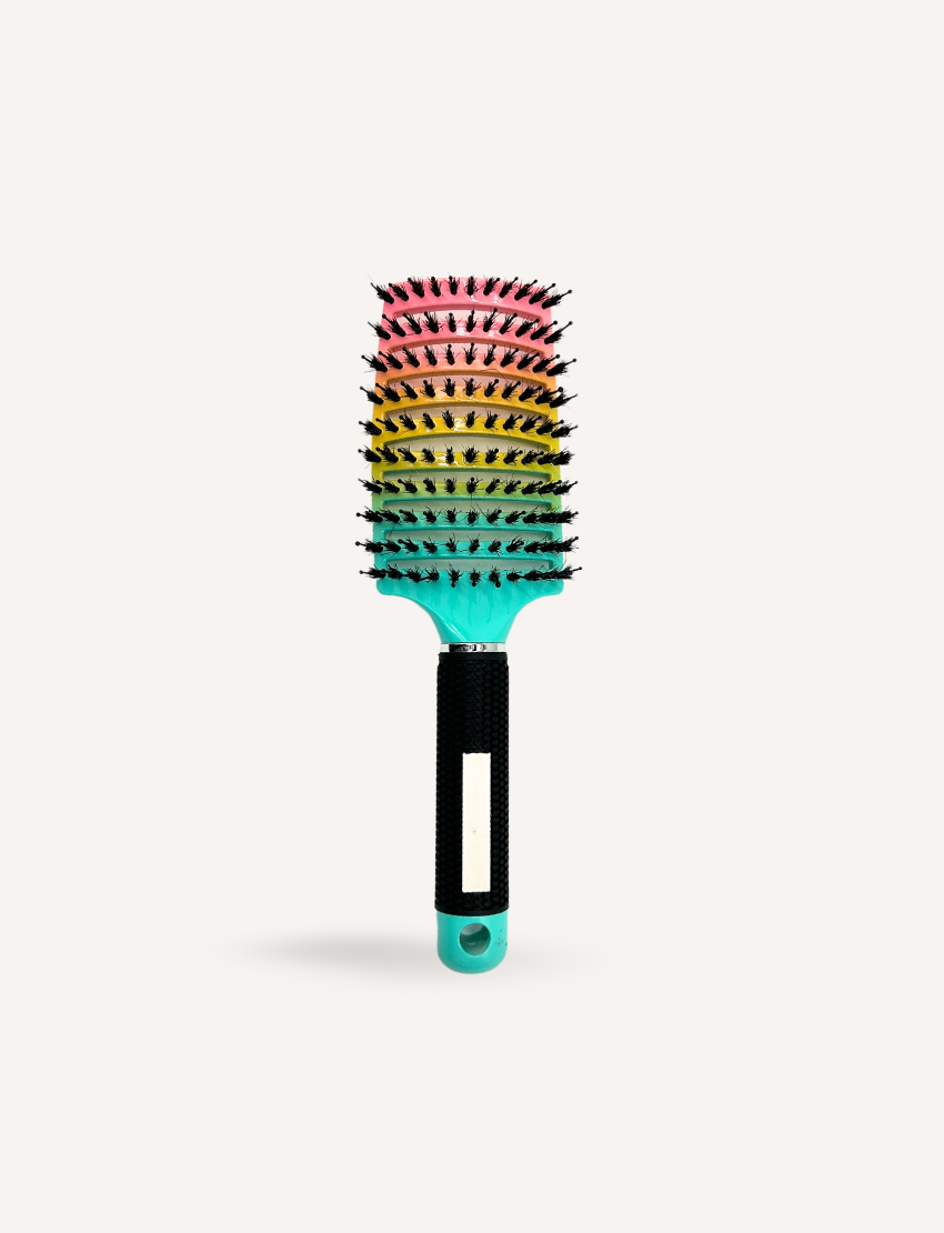 Introducing the Sensory Hair Brush - Rainbow from Sensory Play Australia, featuring a stunning gradient design that transitions beautifully from pink to turquoise. The sleek black handle includes a small label space, while its uniformly arranged bristles ensure an enjoyable hair care routine. Presented against a plain white background, this brush provides a delightful multi-sensory experience.