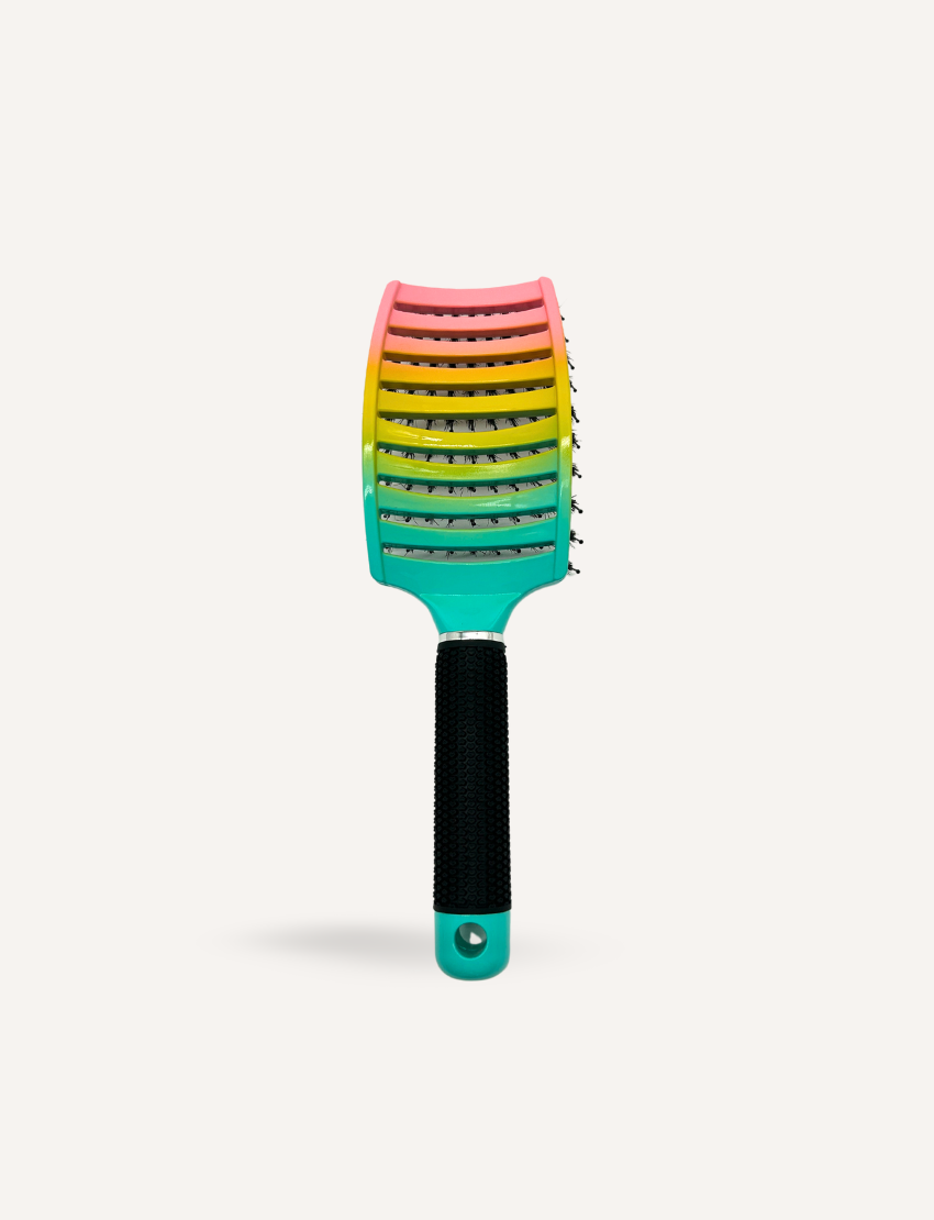 Introducing the Sensory Hair Brush - Rainbow from Sensory Play Australia, featuring a stunning gradient design that transitions beautifully from pink to turquoise. The sleek black handle includes a small label space, while its uniformly arranged bristles ensure an enjoyable hair care routine. Presented against a plain white background, this brush provides a delightful multi-sensory experience.