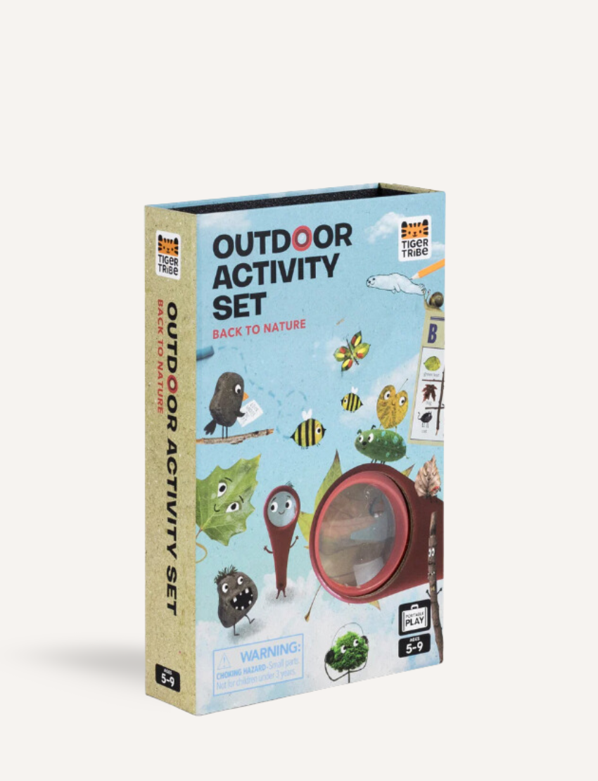 Tiger Tribe Outdoor Activity Set box, highlighting nature exploration with magnifying glass and fun characters.
