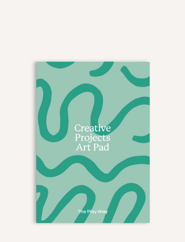 Cover of a book titled "Art Pad A4" by The Play Way, featuring a teal background with dark green wavy lines.