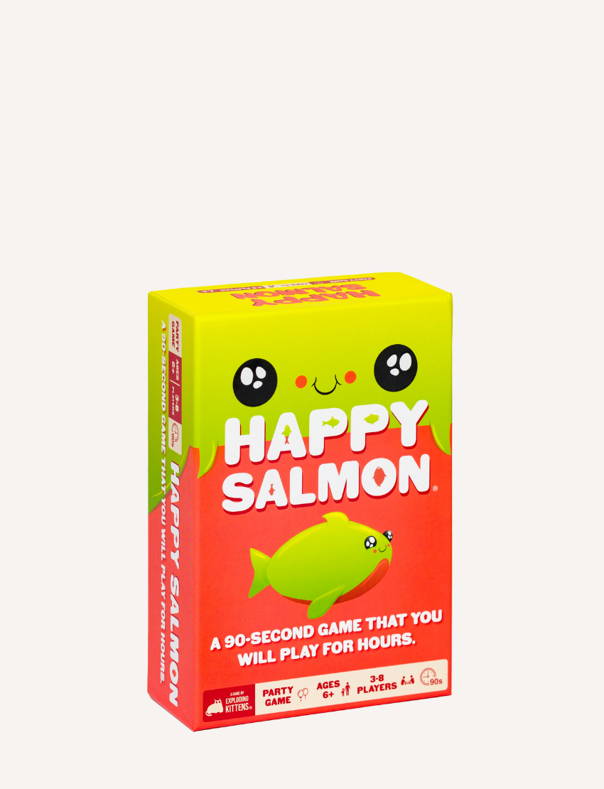 Happy Salmon card game box with bright green and red design, promising 90-second rounds of endless fun.