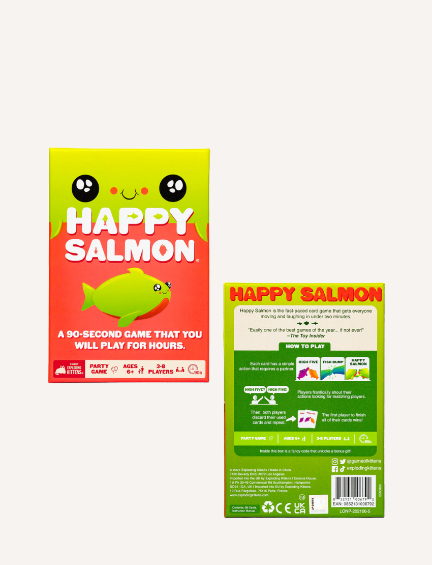 The image displays a package of the "Happy Salmon Game" by Exploding Kittens. The box is green and features a cartoon fish illustration. It declares, "A 90-second game that you will play for hours," and suggests it's a party game suitable for ages 6 and up, accommodating 3 to 6 players.