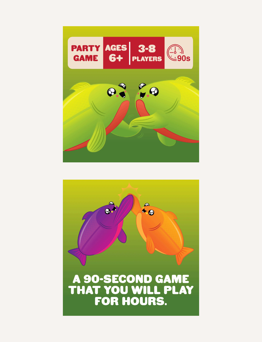 The image displays a package of the "Happy Salmon Game" by Exploding Kittens. The box is green and features a cartoon fish illustration. It declares, "A 90-second game that you will play for hours," and suggests it's a party game suitable for ages 6 and up, accommodating 3 to 6 players.