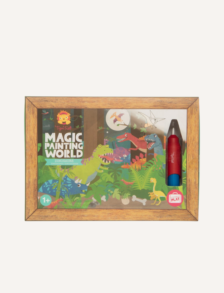 A boxed children's activity set from Tiger Tribe, named Magic Painting World - Dinosaurs, features colorful dinosaur illustrations and includes a magic paintbrush water pen. Recommended for children aged 1 and above, this portable play set boasts packaging with a charming wooden frame design.