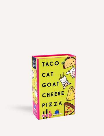 The image displays the front and back of a box for the "Taco Cat Goat Cheese Pizza Game," a product by VR Distribution. The box is adorned with vibrant illustrations of animals and food, while the back offers instructions and game details, highlighting its fast-paced gameplay.