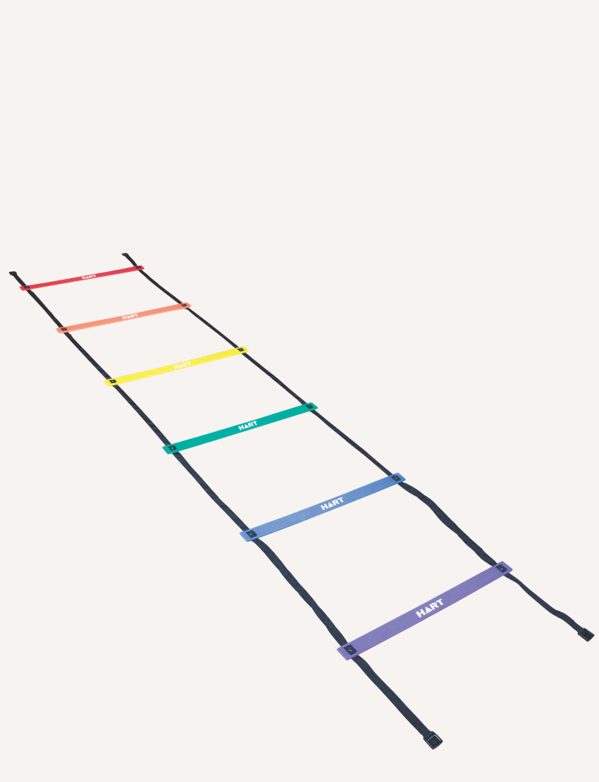 Seven Rainbow Ladders from Hart Sport are arranged in a fan shape, each featuring a different vibrant color: red, orange, yellow, green, blue, purple, and pink. These ladders include black straps at the ends.