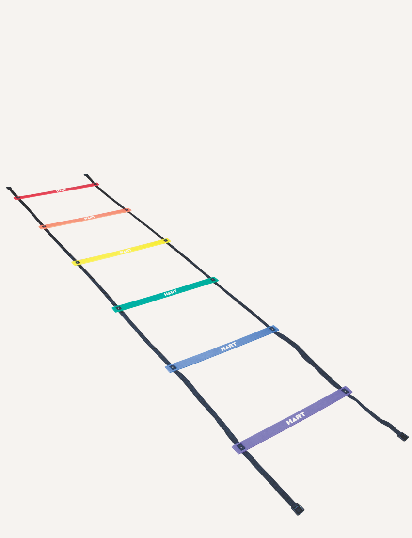 Agility training ladder with clearly marked 'HART' straps in rainbow colors for effective sports drills.
