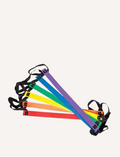 Seven Rainbow Ladders from Hart Sport are arranged in a fan shape, each featuring a different vibrant color: red, orange, yellow, green, blue, purple, and pink. These ladders include black straps at the ends.