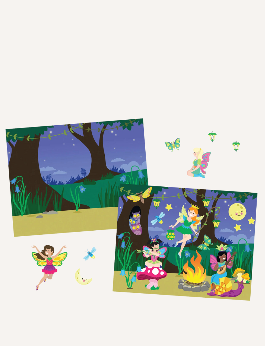 A child plays with a Melissa and Doug Reusable Sticker Pad - Fairies, which features a vibrant pond scene. The page includes stickers of a fairy, frog, duck, ducklings, swan, and various plants. The child is in the process of peeling off a duck sticker from the colorful and playful scene.