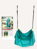 The Slackers Hammock Swing is elegantly displayed with its teal fabric and adjustable ropes. The packaging showcases backyard play and highlights the product as a 