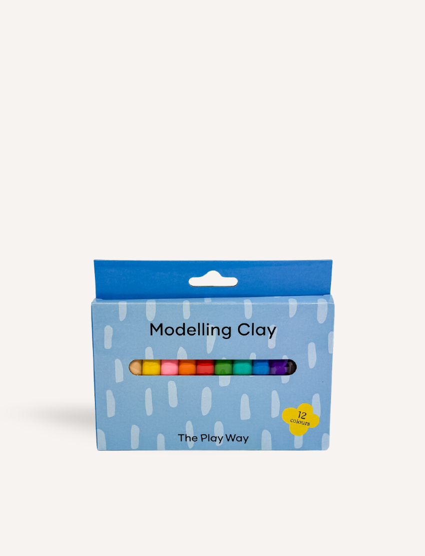 Box of The Play Way modelling clay, featuring 12 vibrant colors and a playful raindrop design, ideal for creative expression.