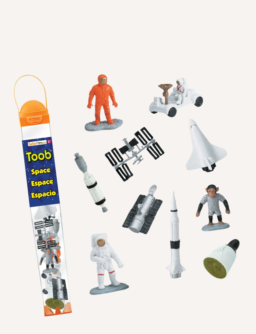 The "Space Toob" by Safari features a collection of small figurines with astronaut and space themes, including astronauts, a space shuttle, a rover, a satellite, rockets, and the International Space Station.