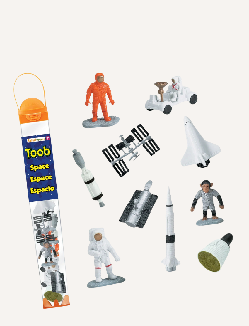 Safari Ltd Space TOOB with miniature astronauts, rockets, ISS, and shuttle figures, ideal for space exploration.