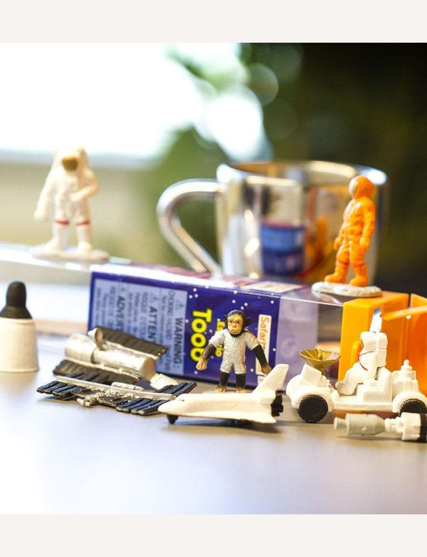 The "Space Toob" by Safari features a collection of small figurines with astronaut and space themes, including astronauts, a space shuttle, a rover, a satellite, rockets, and the International Space Station.