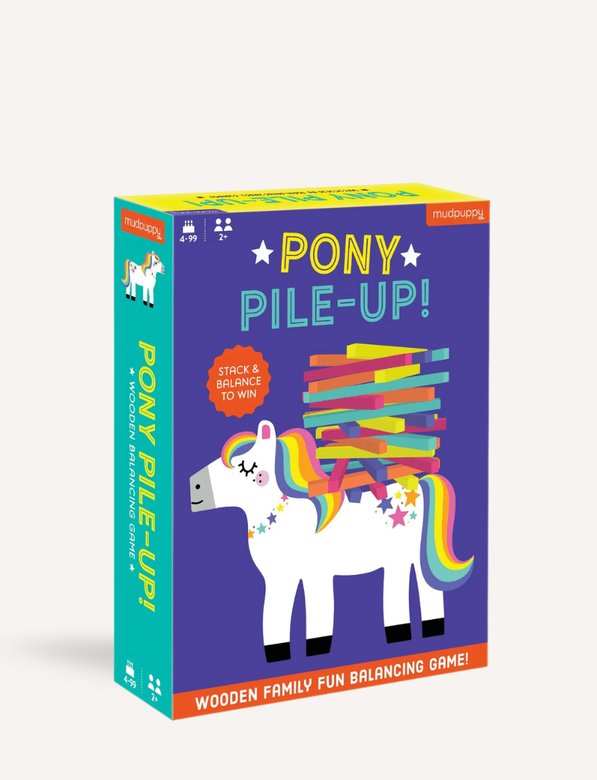Pony Pile-Up! Wooden Family Fun Balancing Game box with unicorn and blocks.
