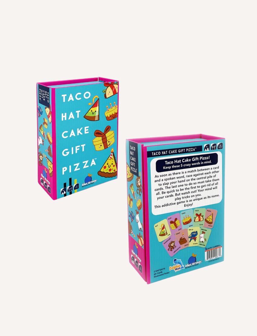 The image shows the packaging of a card game titled "Taco Hat Cake Gift Pizza Game." The box is primarily blue with colorful illustrations of a taco, hat, cake, gift, and pizza. The sides of the box are pink. The game is by VR Distribution.