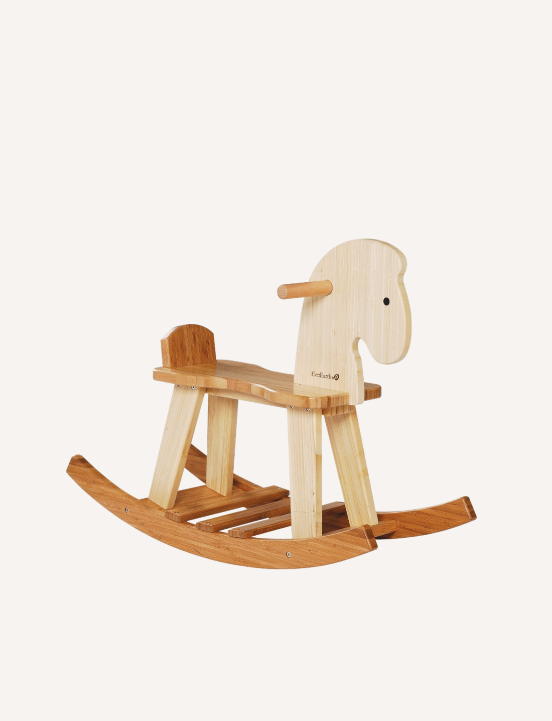 The EverEarth Bamboo Rocking Horse is an eco-friendly toy with a natural finish, offering a simple carved design, smooth seat, grip handles, and curved rockers. Its minimalistic style is ideal for children's play and aids in muscle development.