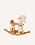 The Ever Earth Bamboo Rocking Horse features natural and light brown wood finishes, offering a simple design with a seat and footrests for a child. Its curved rockers ensure gentle motion, promoting muscle development. This eco-friendly toy boasts a minimalist style and looks sturdy.