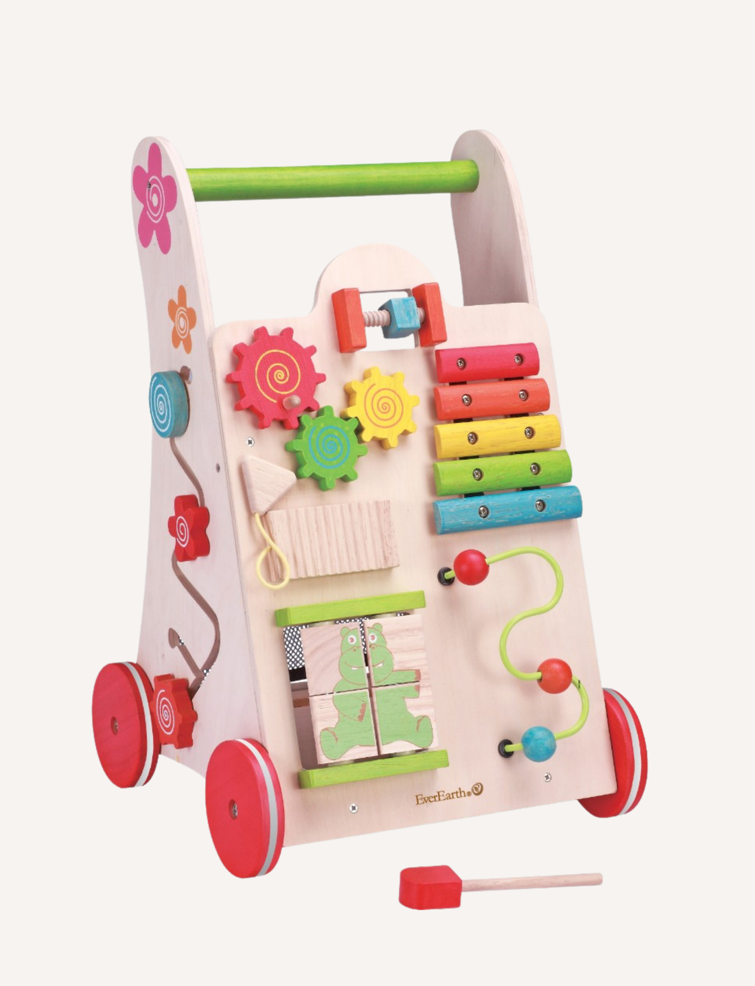 The Ever Earth Educational Activity Walker is a sustainable wood activity walker with red wheels, featuring various educational toys including a xylophone, a gear mechanism, a bead maze, a shape sorter, and five colorful sliding rings. Decorated with flower and frog designs and non-toxic paints, the walker also has a green handlebar.