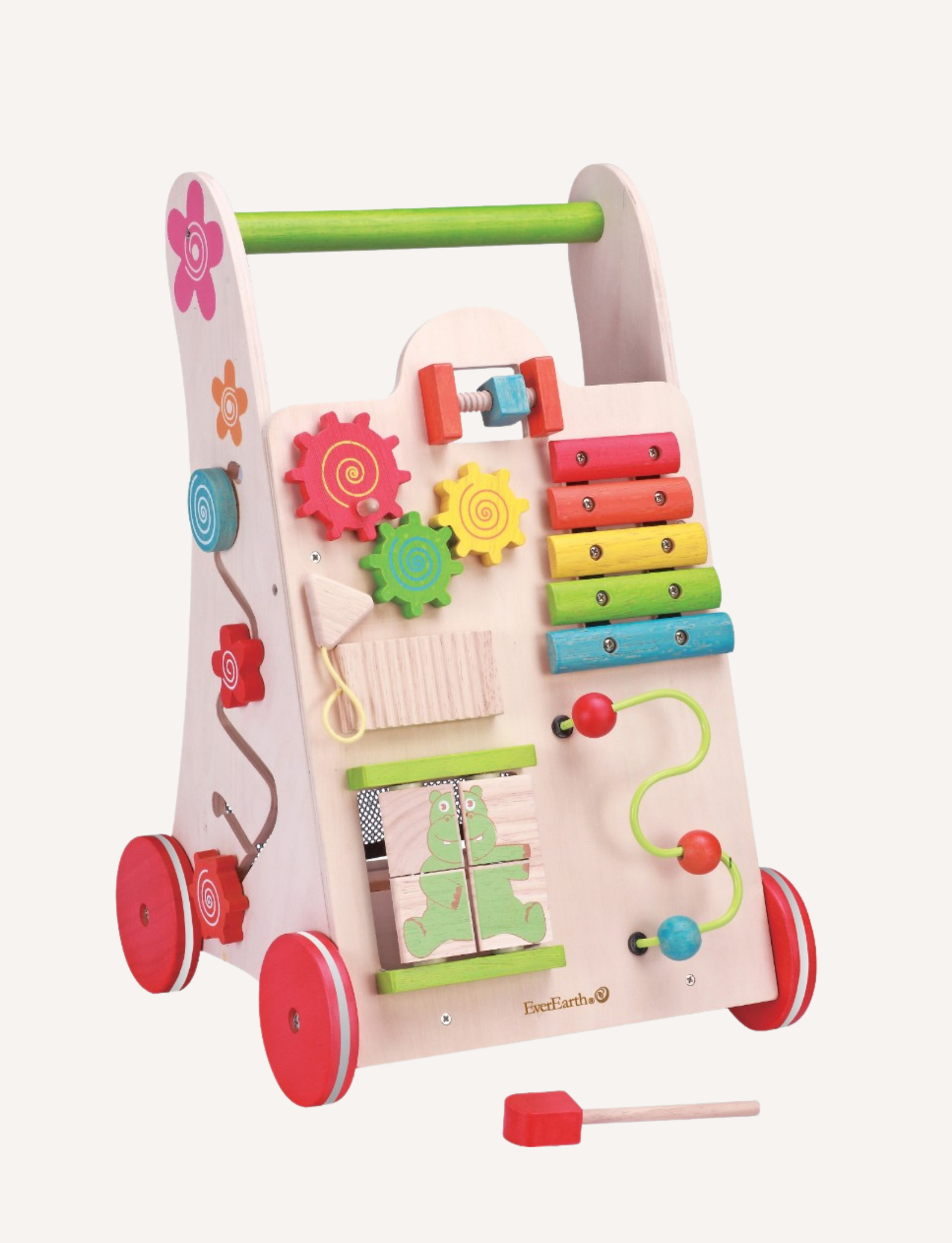 Wooden baby walker with multiple activity stations, including xylophone, gears, and bead maze.