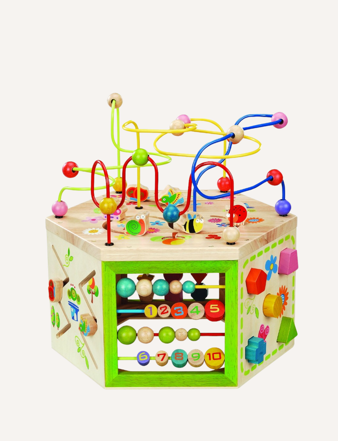 The Educational 7-in-1 Garden Activity Cube by Ever Earth is a creative learning tool for children, featuring bead mazes on top and various interactive elements on the sides, including spinning gears, shape sorters, and sliding beads. This wooden activity cube is decorated with colorful designs and different educational toys to develop fine motor skills.