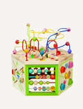 The Educational 7-in-1 Garden Activity Cube by Ever Earth is a creative learning tool for children, featuring bead mazes on top and various interactive elements on the sides, including spinning gears, shape sorters, and sliding beads. This wooden activity cube is decorated with colorful designs and different educational toys to develop fine motor skills.