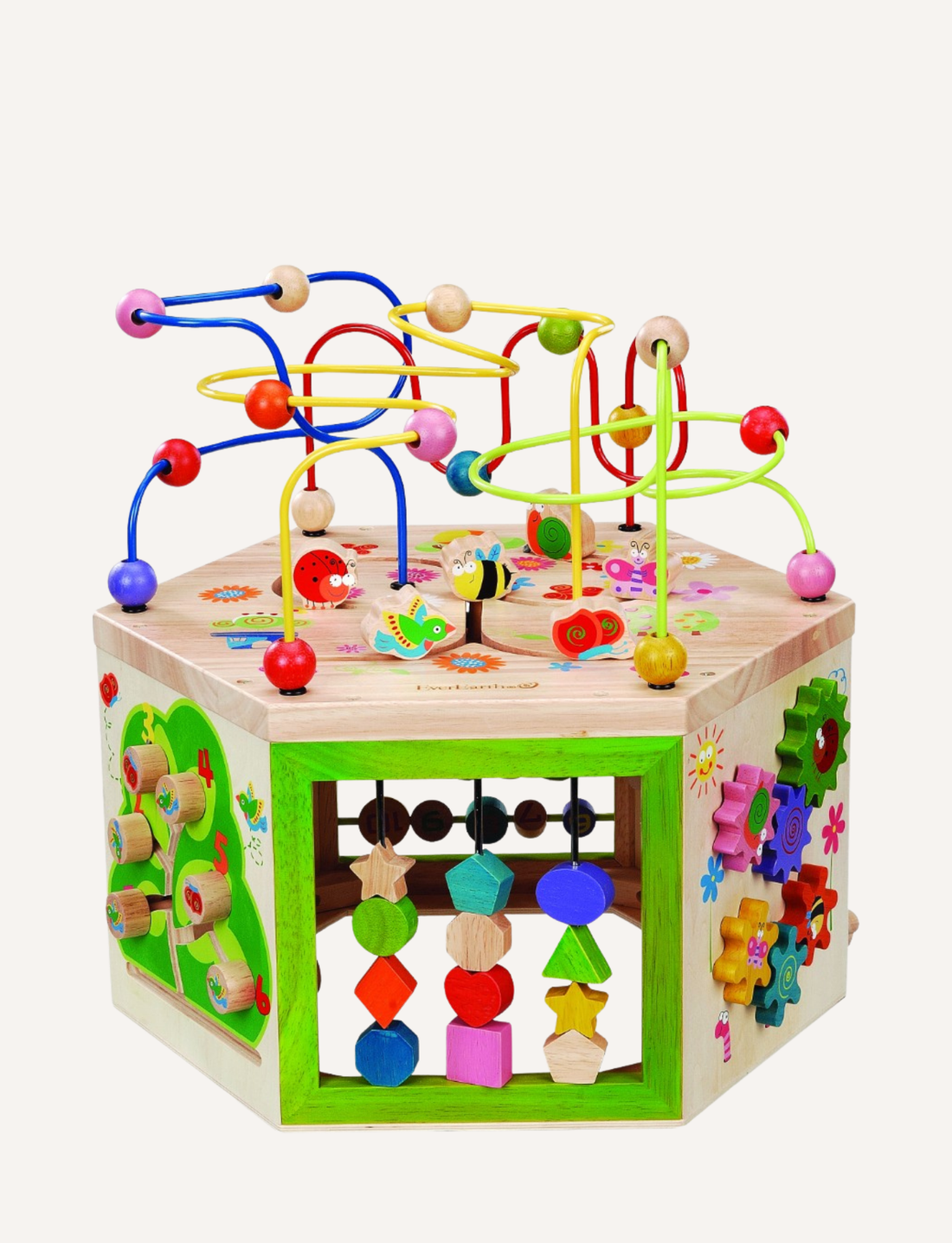 The Educational 7-in-1 Garden Activity Cube by Ever Earth is a creative learning tool for children, featuring bead mazes on top and various interactive elements on the sides, including spinning gears, shape sorters, and sliding beads. This wooden activity cube is decorated with colorful designs and different educational toys to develop fine motor skills.